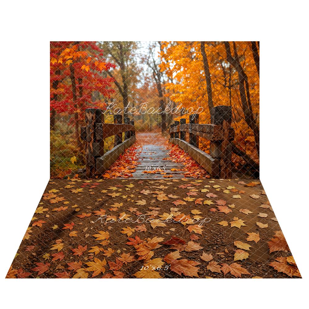 Kate Autumn Forest Wooden Bridge Backdrop+Maple Leaves Ground Floor Backdrop