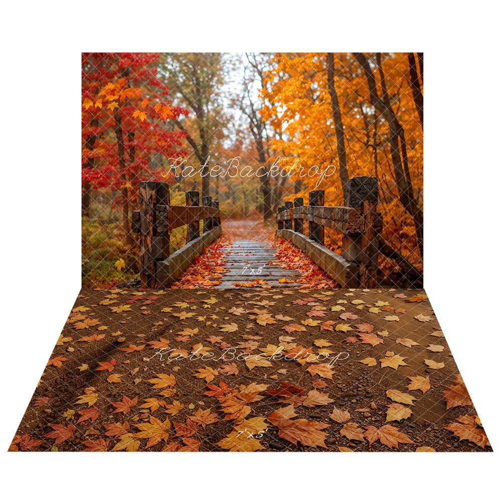 Kate Autumn Forest Wooden Bridge Backdrop+Maple Leaves Ground Floor Backdrop