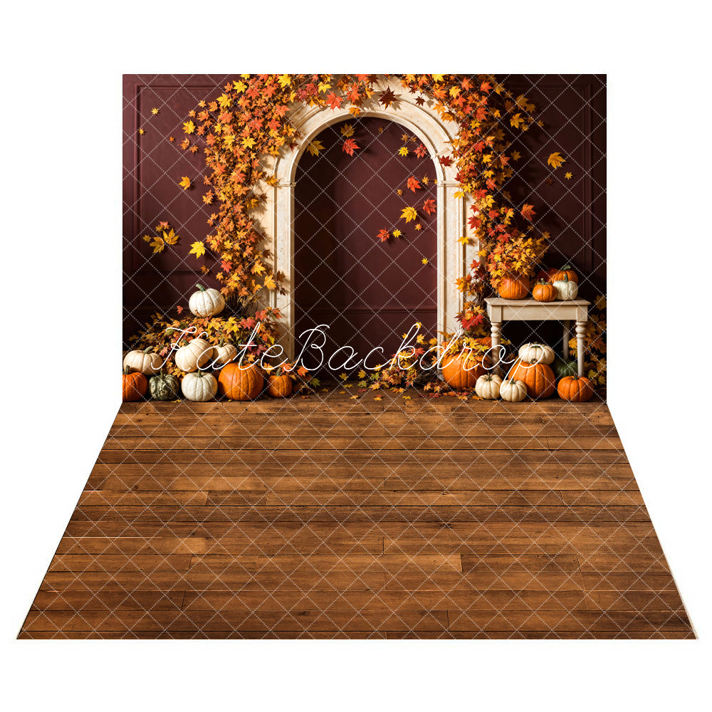 Kate Autumn Pumpkin Maple Leaf Arch Wall Backdrop+Brown Wooden Floor Backdrop