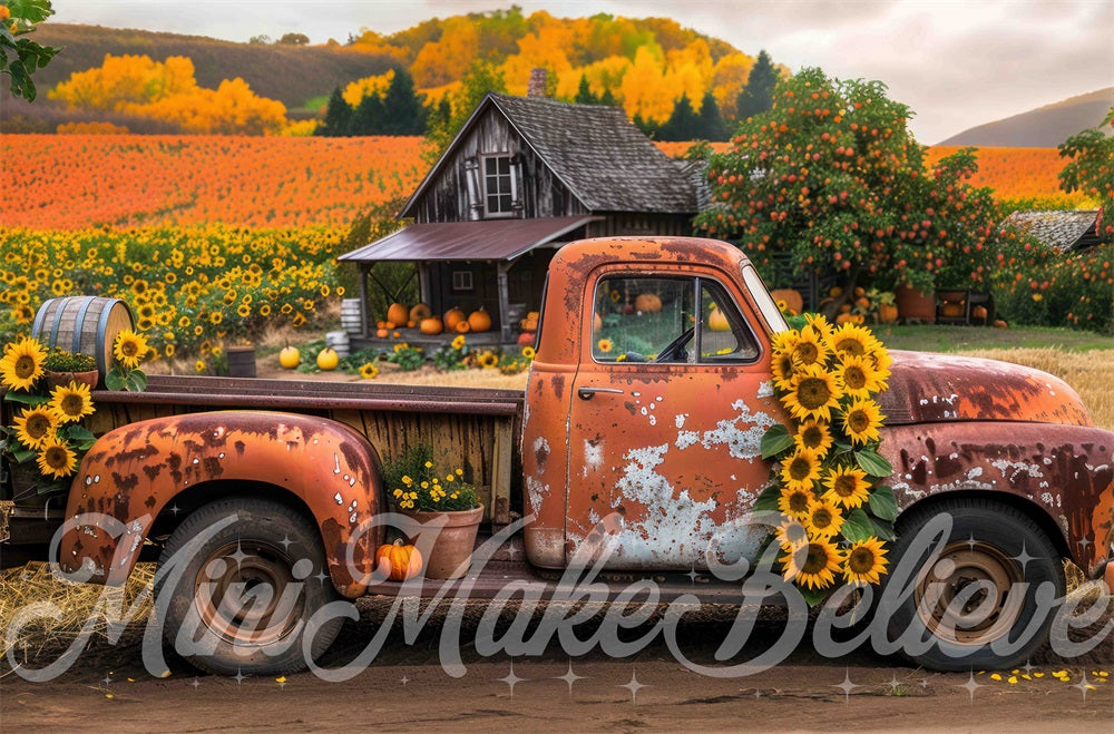 Kate Autumn Forest Sunflower Broken Truck Backdrop Designed by Mini MakeBelieve