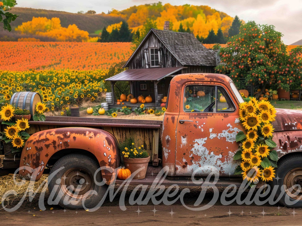 Kate Autumn Forest Sunflower Broken Truck Backdrop Designed by Mini MakeBelieve