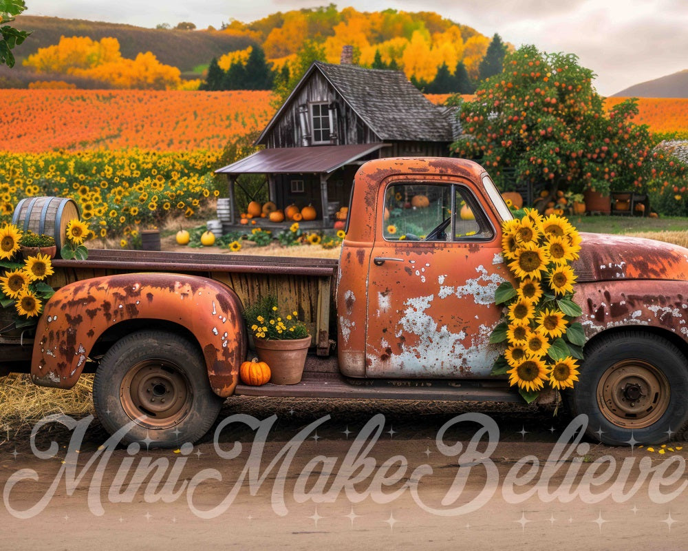 Kate Autumn Forest Sunflower Broken Truck Backdrop Designed by Mini MakeBelieve