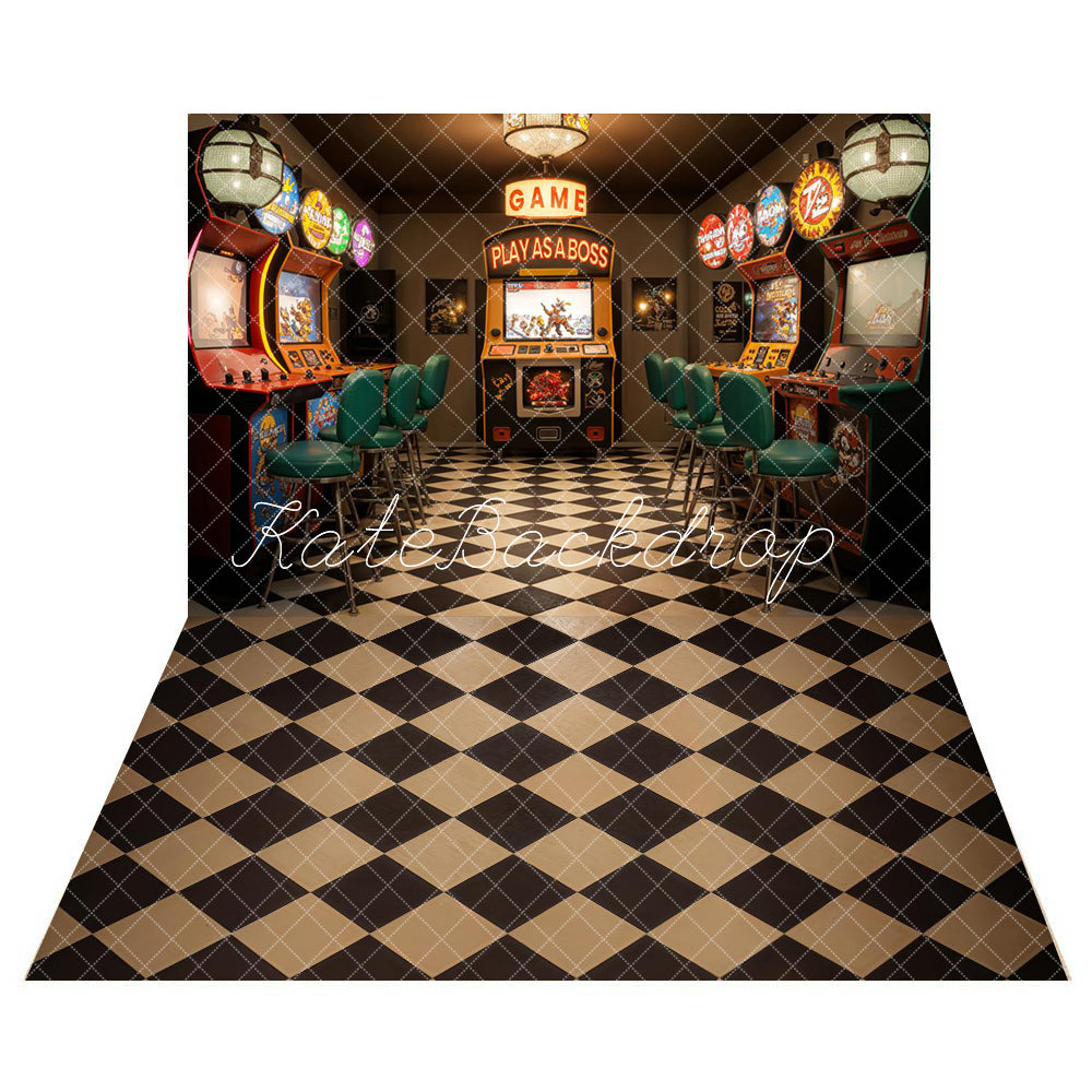 Kate Retro Game Lobby Backdrop+Black and Brown Plaid Floor Backdrop