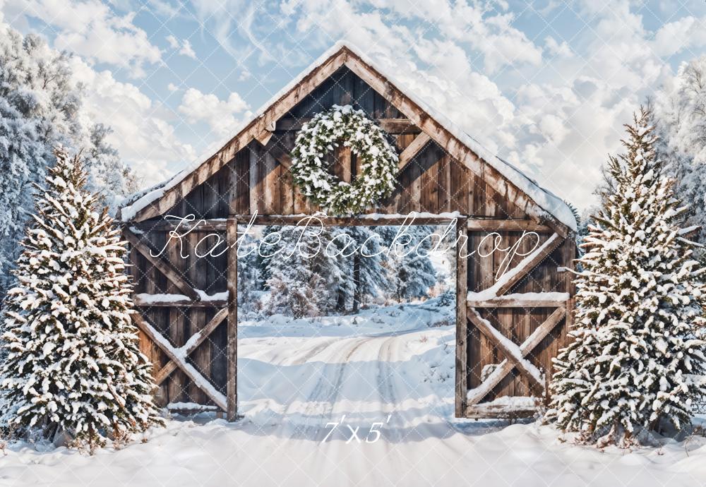 Kate Winter Snow Forest Wooden Cabin Door Backdrop Designed by Emetselch