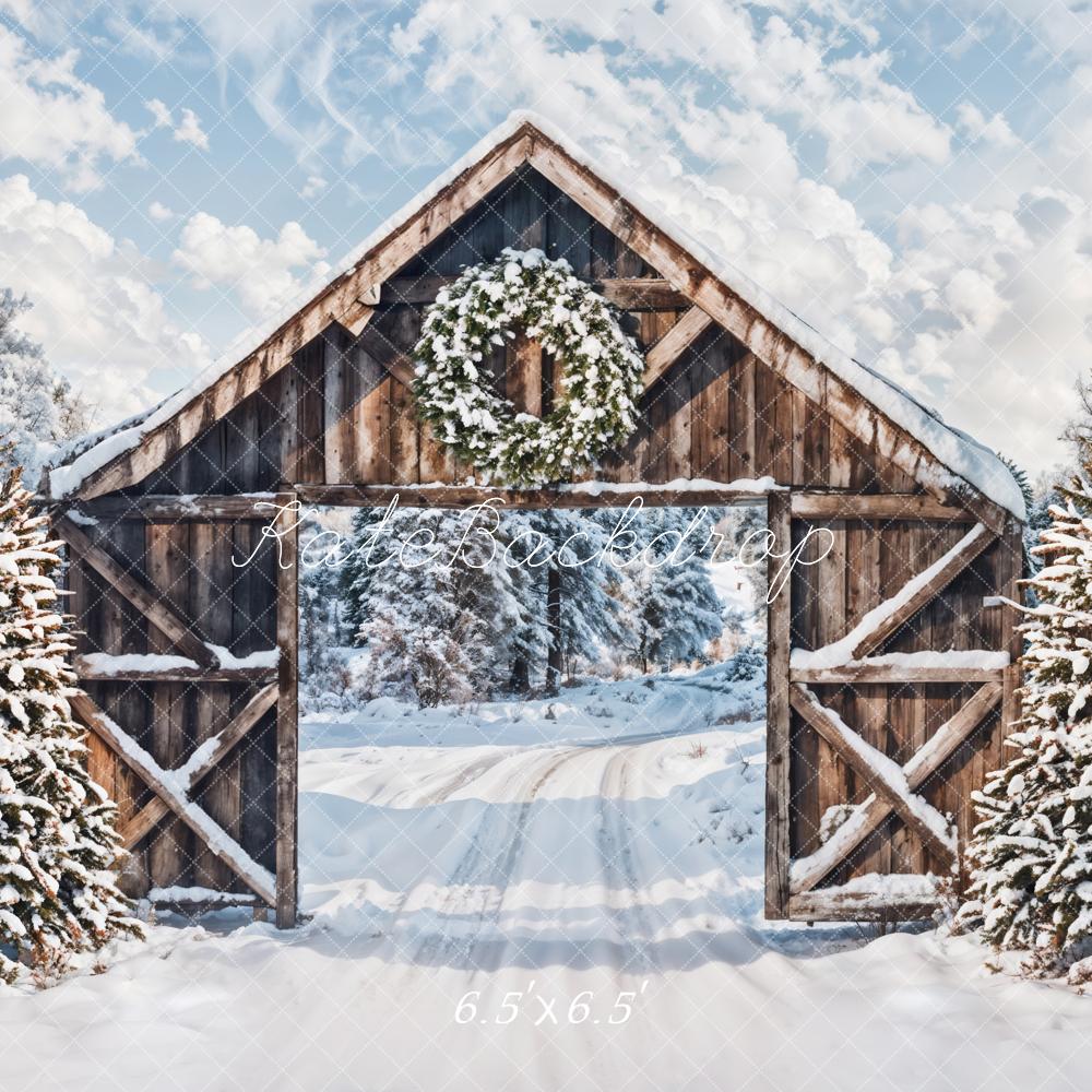Kate Winter Snow Forest Wooden Cabin Door Backdrop Designed by Emetselch