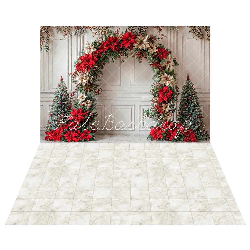 Kate Christmas Arch White Retro Wall Backdrop+Ivory White Marble Plaid Floor Backdrop