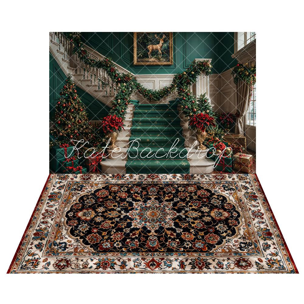Kate Christmas White Green Staircase Backdrop+Vintage Floral Marble Floor Backdrop