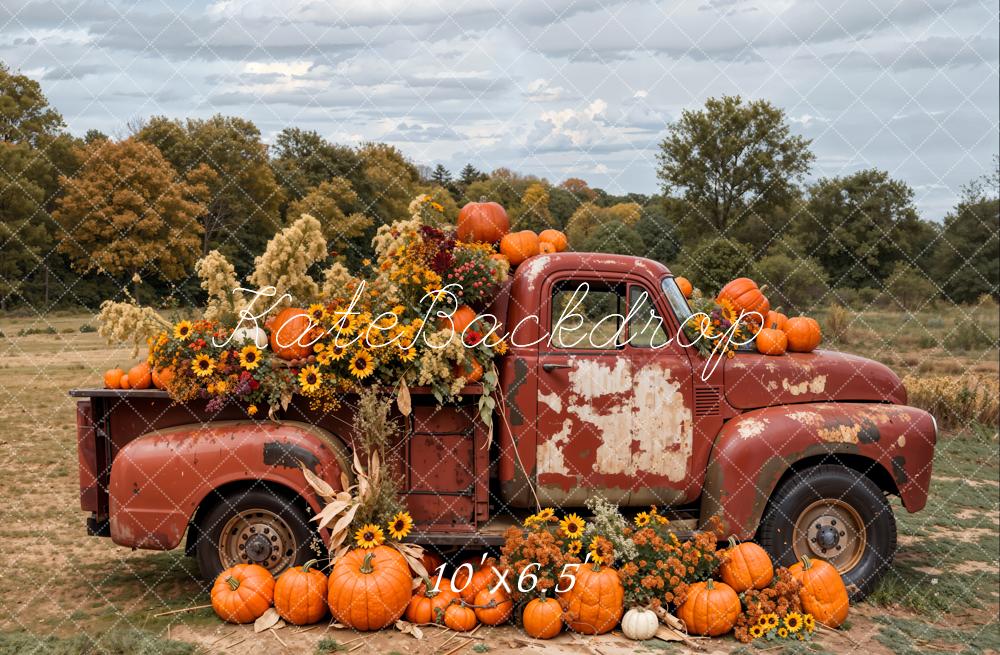Kate Autumn Pumpkin Sunflower Crimson Truck Backdrop Designed by Emetselch -UK