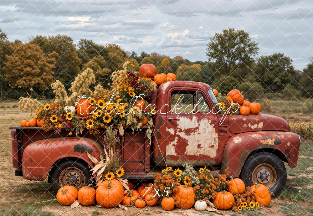 Kate Autumn Pumpkin Sunflower Crimson Truck Backdrop Designed by Emetselch