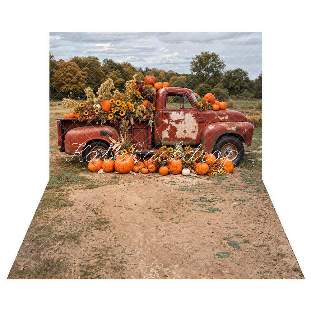 Kate Autumn Pumpkin Crimson Truck Backdrop+ Brown Dirt Road Floor Backdrop