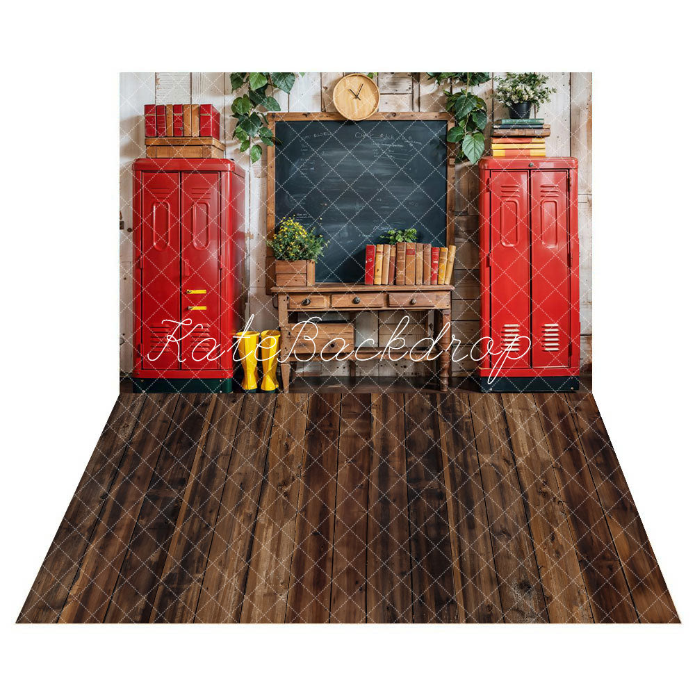 Kate Back to School Red Locker Book Blackboard Backdrop+ Brown Wooden Floor Backdrop -UK