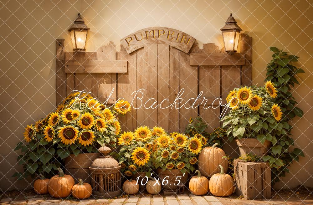 On Sale Kate Autumn Sunflower Pumpkin Barn Door Backdrop Designed by Emetselch -UK