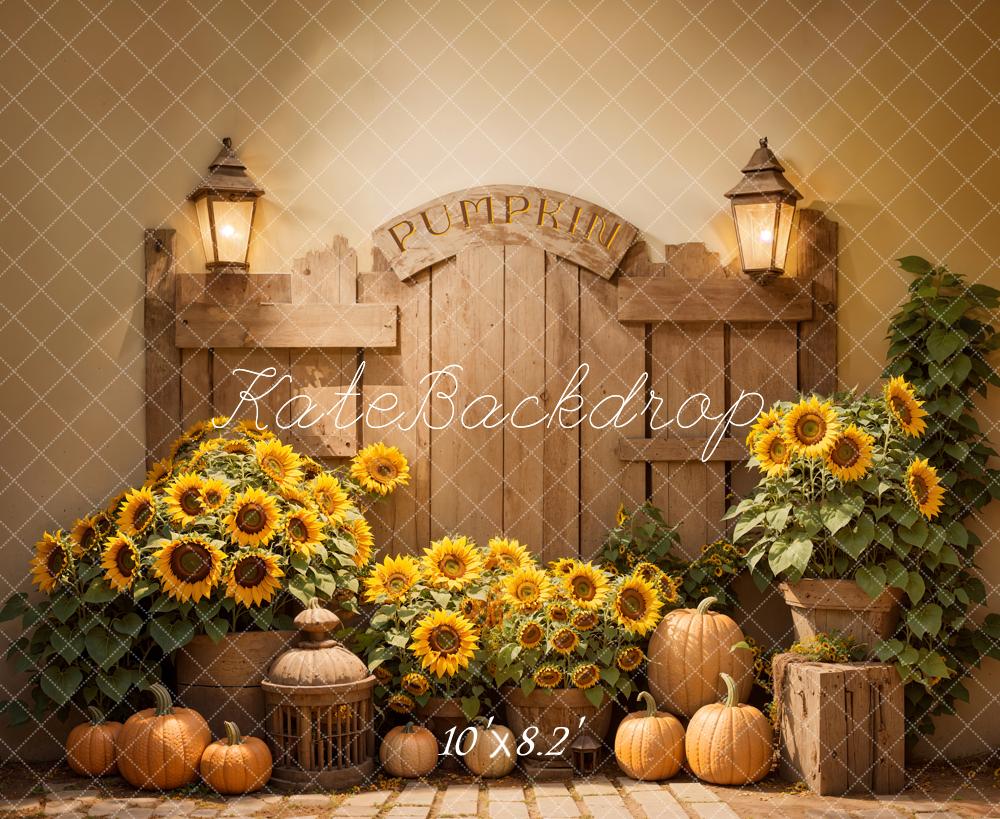 On Sale Kate Autumn Sunflower Pumpkin Barn Door Backdrop Designed by Emetselch -UK