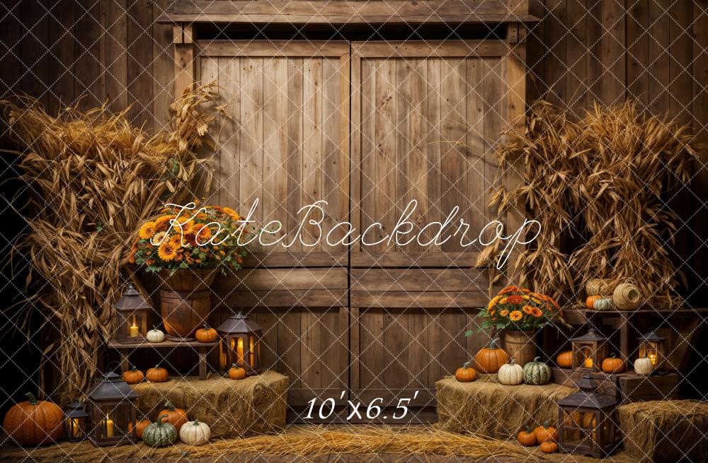 On Sale Kate Autumn Dark Brown Wooden Barn Door Pumpkin Backdrop Designed by Emetselch -UK