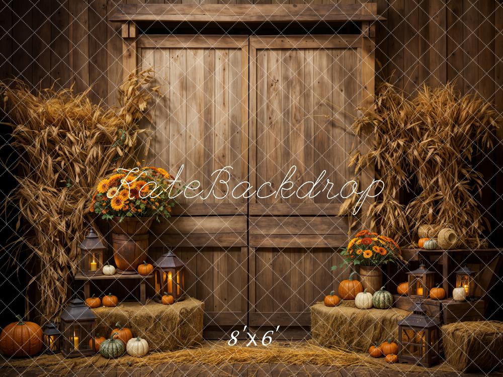 On Sale Kate Autumn Dark Brown Wooden Barn Door Pumpkin Backdrop Designed by Emetselch -UK