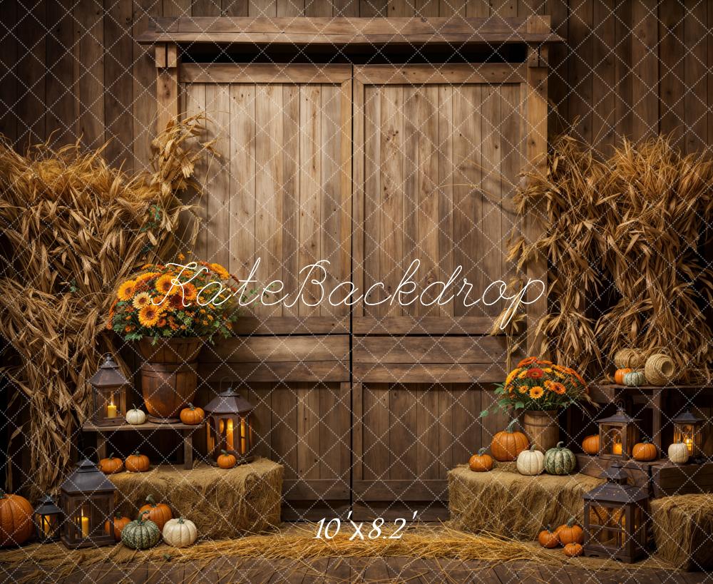 On Sale Kate Autumn Dark Brown Wooden Barn Door Pumpkin Backdrop Designed by Emetselch -UK