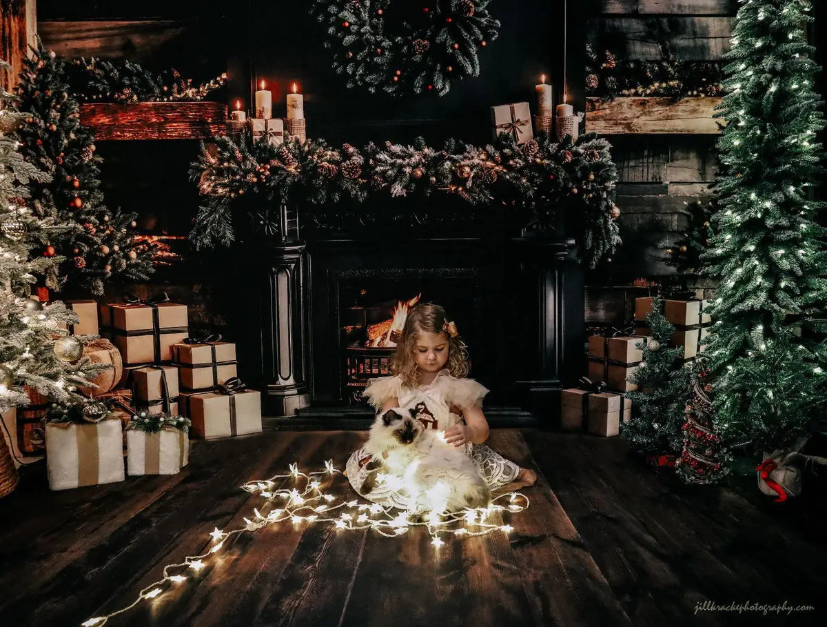 Kate Christmas Gifts Black Fireplace Wooden Wall Backdrop Designed by Emetselch -UK