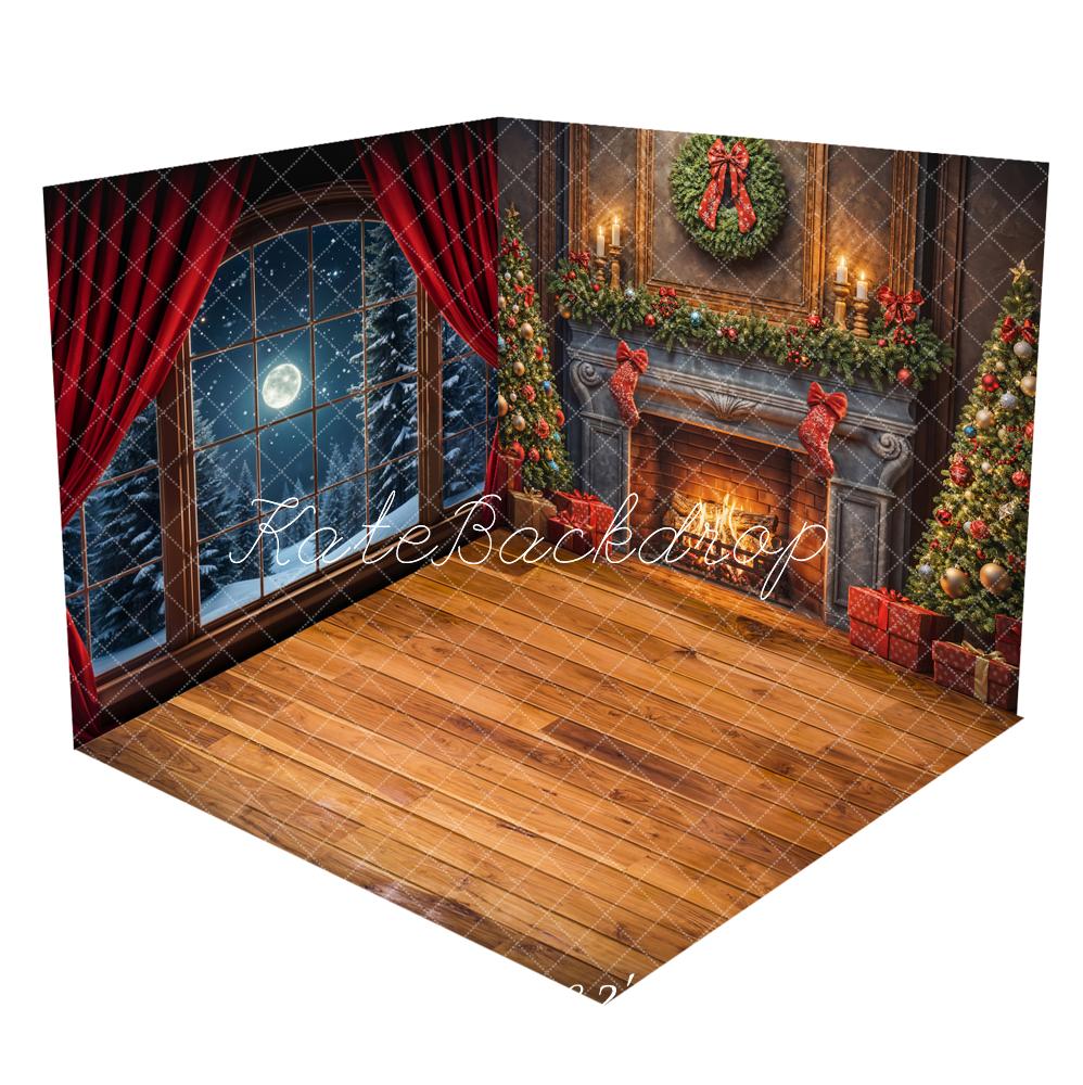 Kate Christmas Fireplace Winter Night Red Curtain Window Room Set