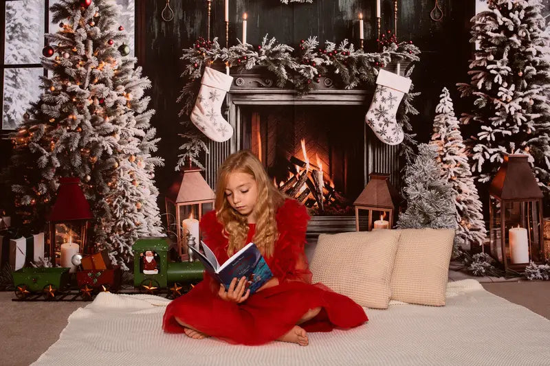 Kate Christmas Green Retro Fireplace Arched Window Backdrop Designed by Emetselch -UK