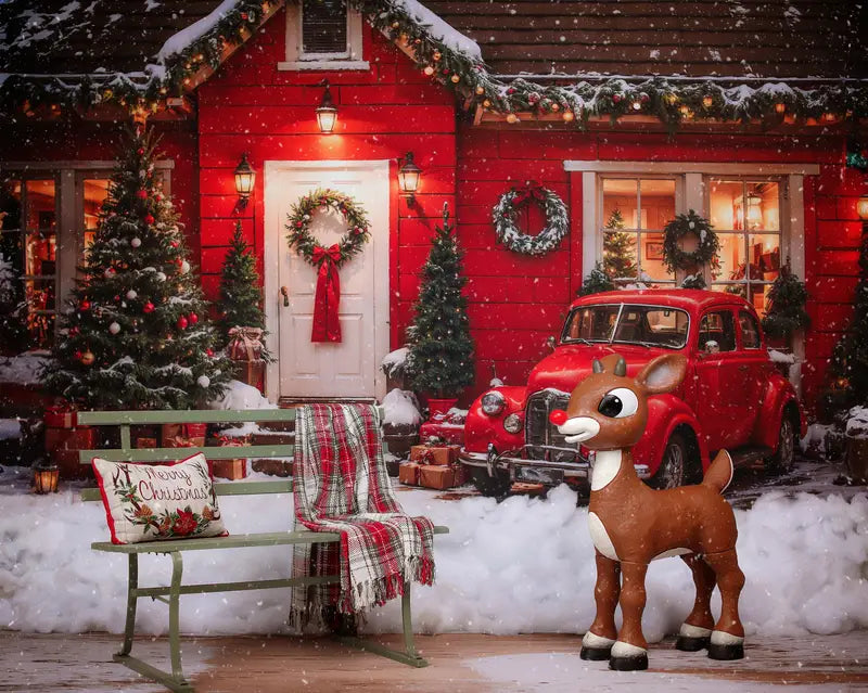 Kate Christmas Outdoor Red House Car Backdrop Designed by Emetselch