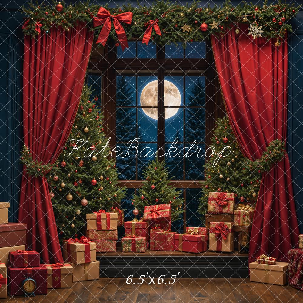 Kate Christmas Night Red Curtain Window Backdrop Designed by Emetselch -UK