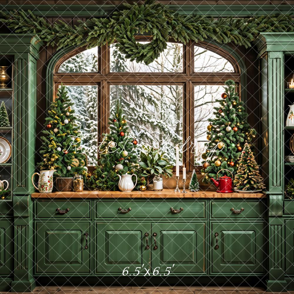 Kate Dark Green Retro Christmas Kitchen Backdrop Designed by Emetselch