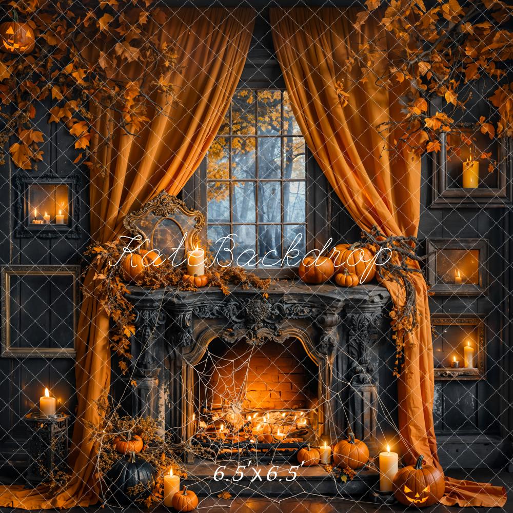 Kate Halloween Pumpkin Curtain Black Fireplace Backdrop Designed by Emetselch