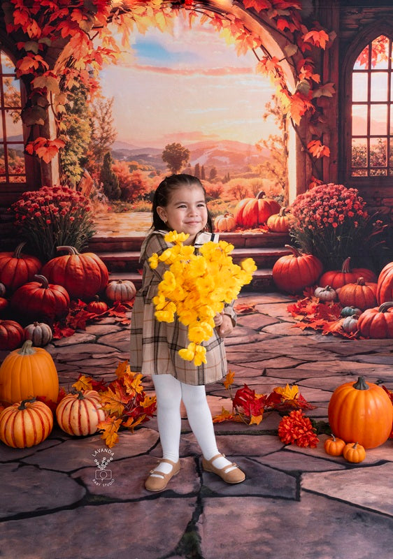 Kate Autumn Sunset Pumpkin Arch Backdrop+ Brown Stone Path Floor Backdrop -UK