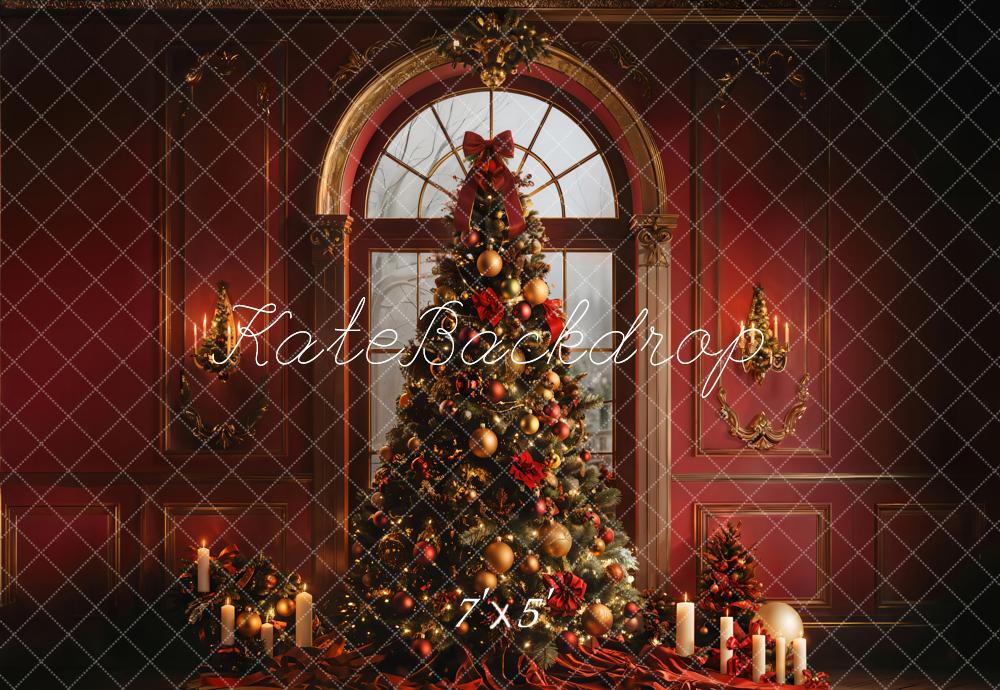 Kate Christmas Tree Arched Window Red Wall Backdrop Designed by Emetselch