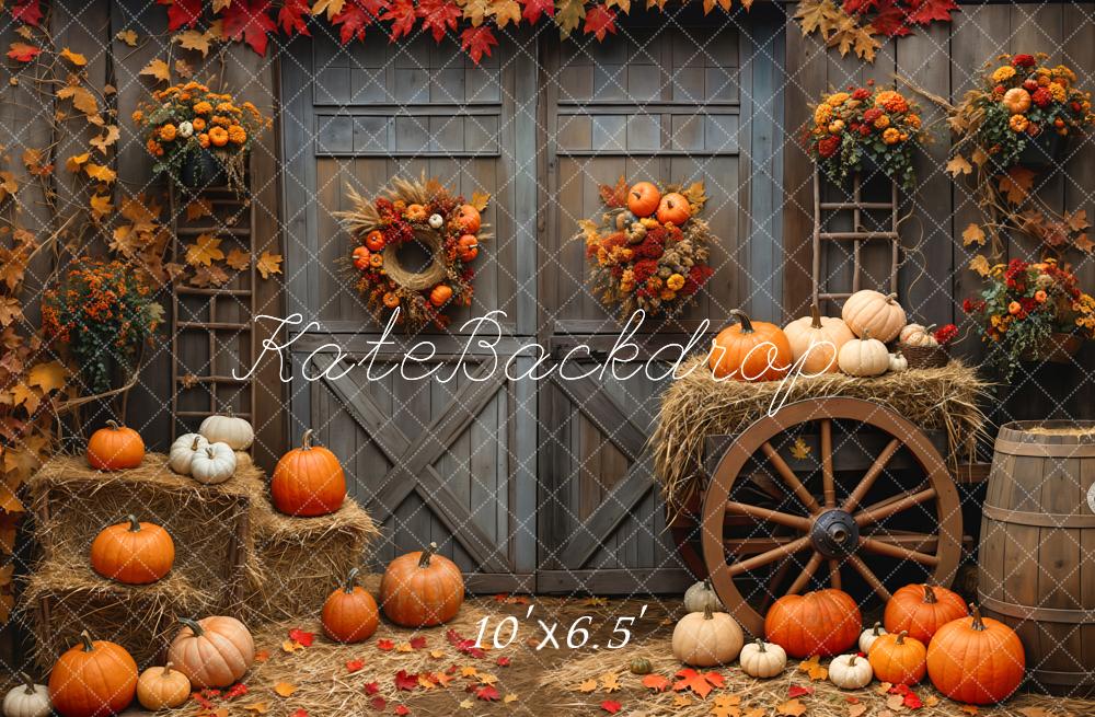 On Sale Kate Autumn Barn Wood Door Maple Pumpkin Backdrop Designed by Emetselch -UK