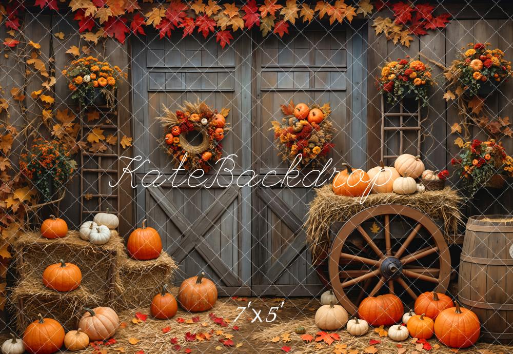 On Sale Kate Autumn Barn Wood Door Maple Pumpkin Backdrop Designed by Emetselch -UK