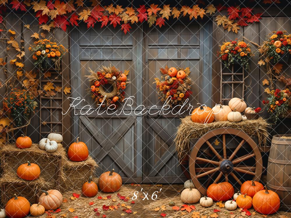 On Sale Kate Autumn Barn Wood Door Maple Pumpkin Backdrop Designed by Emetselch -UK