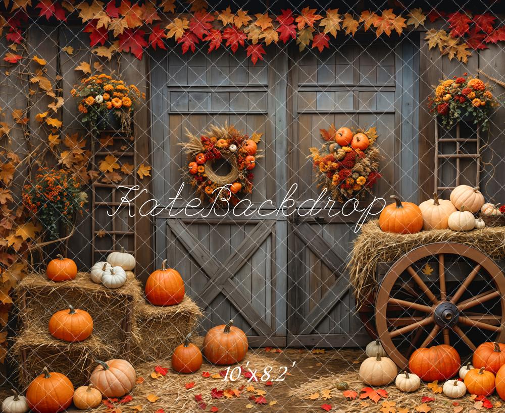 On Sale Kate Autumn Barn Wood Door Maple Pumpkin Backdrop Designed by Emetselch -UK