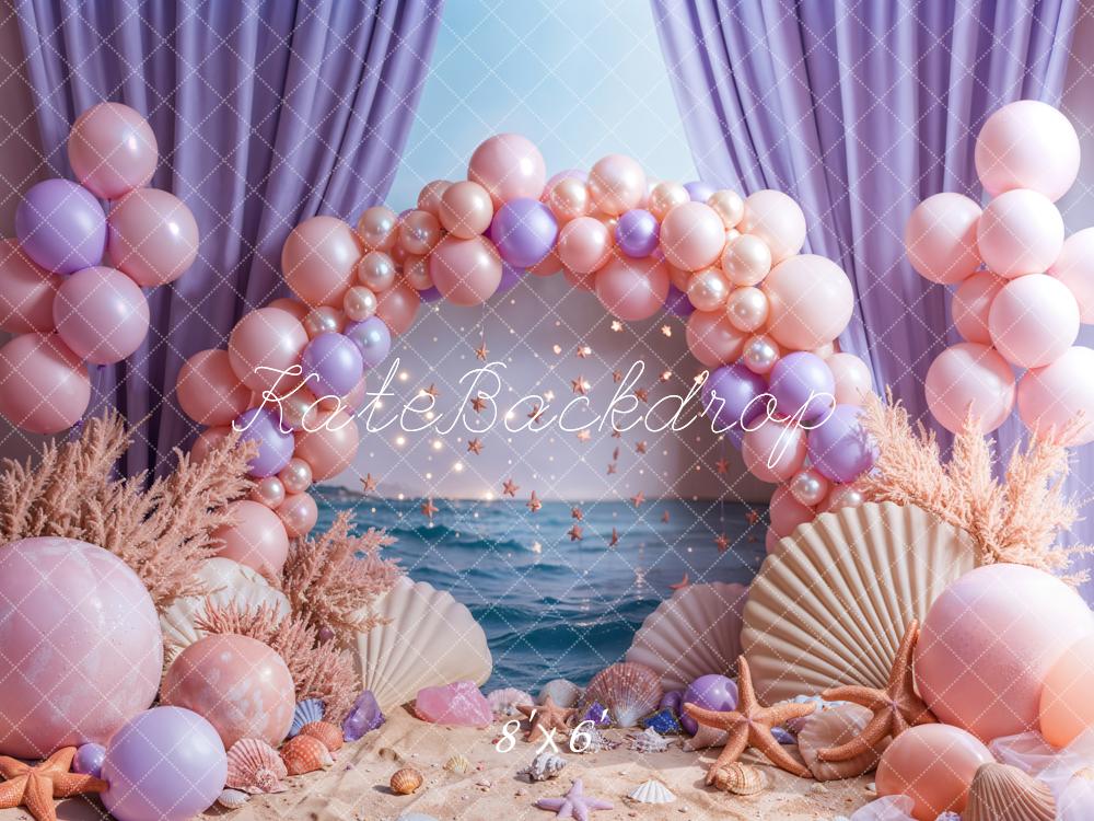 Kate Beach Pink Balloon Arch Purple Curtains Backdrop Designed by Emetselch -UK