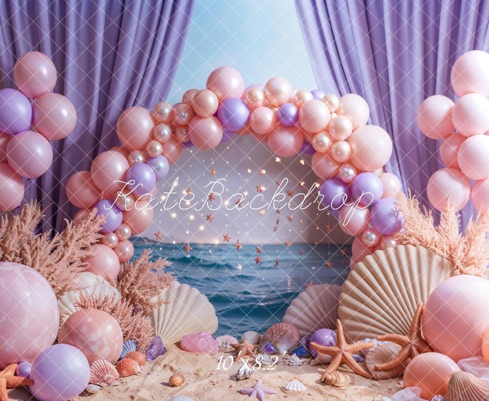 Kate Beach Pink Balloon Arch Purple Curtains Backdrop Designed by Emetselch -UK