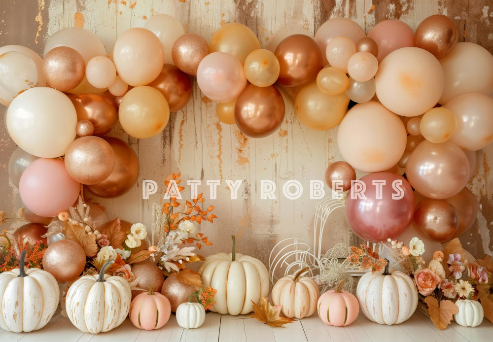 Kate Boho Autumn Balloon Arch Pumpkins Backdrop Designed by Patty Robert -UK