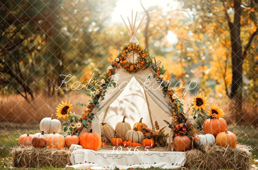 Kate Autumn White Teepee Sunflowers Pumpkins Backdrop Designed by Patty Robert -UK