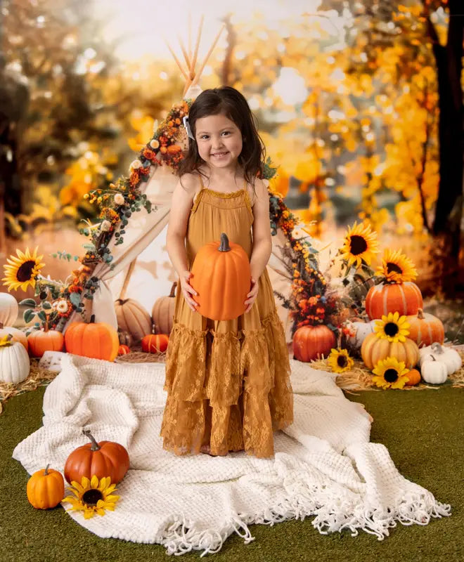Kate Autumn White Teepee Sunflowers Pumpkins Backdrop Designed by Patty Robert -UK