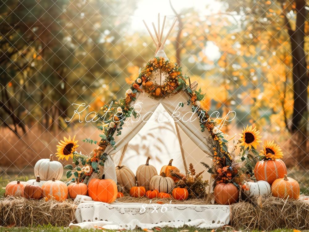 Kate Autumn White Teepee Sunflowers Pumpkins Backdrop Designed by Patty Robert -UK