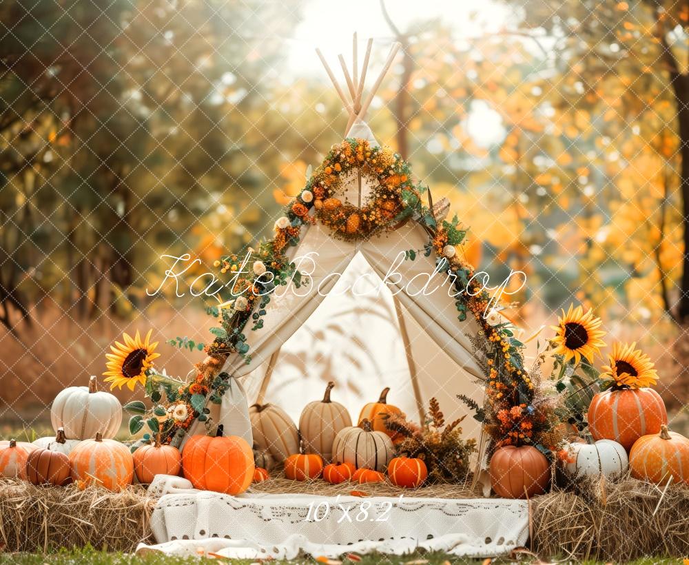 Kate Autumn White Teepee Sunflowers Pumpkins Backdrop Designed by Patty Robert -UK