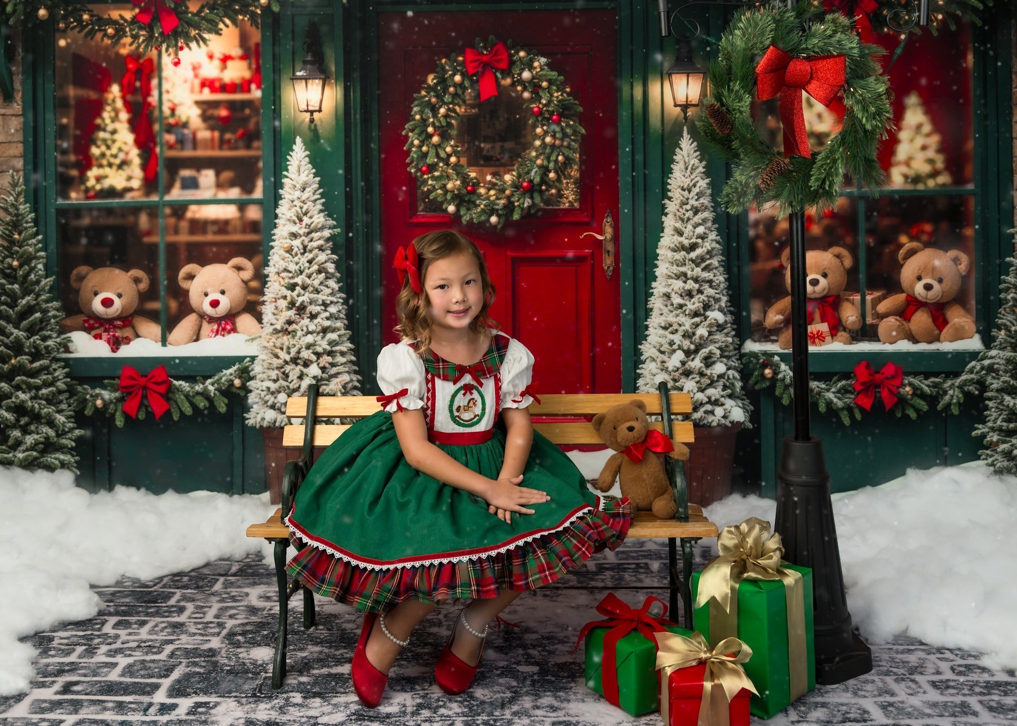 On Sale Kate Christmas Toy Shop Backdrop Snow Green Designed by Emetselch -UK