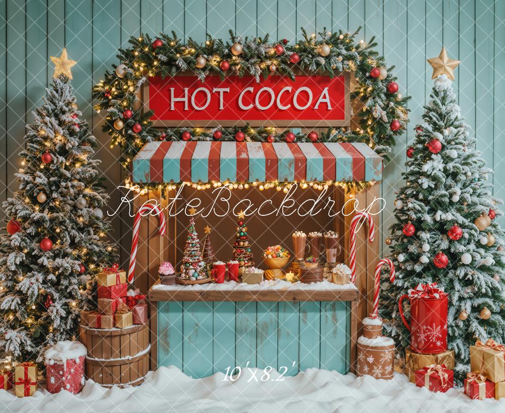 Kate Christmas Tree Hot Cocoa Stand Blue Backdrop Designed by Emetselch -UK