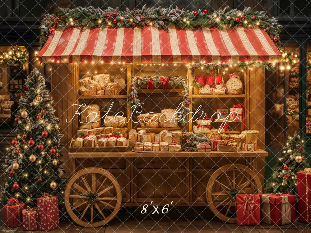 Kate Christmas Bakery Cart Red Stripe Backdrop Designed by Emetselch -UK
