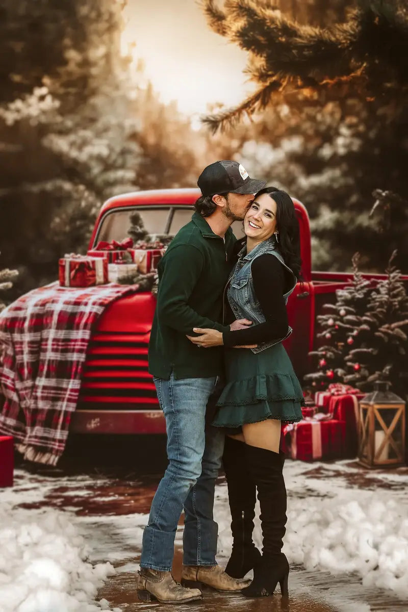 Kate Christmas Red Truck Plaid Forest Backdrop+Winter Snowy Path Floor Backdrop -UK