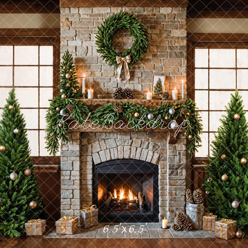 Kate Christmas Fireplace Tree Brick Backdrop Designed by Emetselch -UK