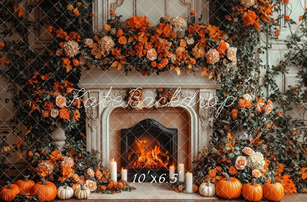 Lightning Deals Kate Autumn Fireplace Pumpkin Floral Backdrop Designed by Patty Robert -UK
