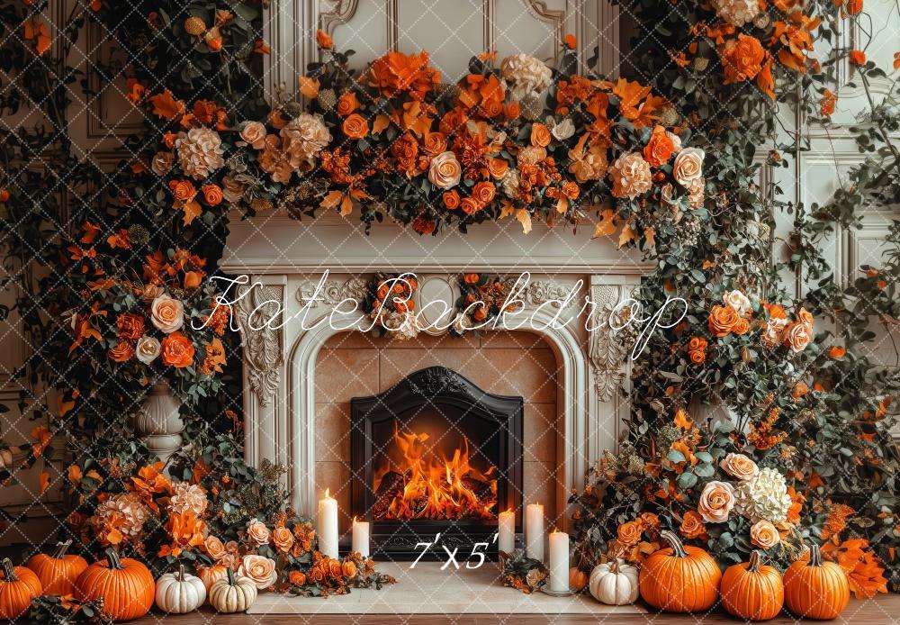Lightning Deals Kate Autumn Fireplace Pumpkin Floral Backdrop Designed by Patty Robert -UK