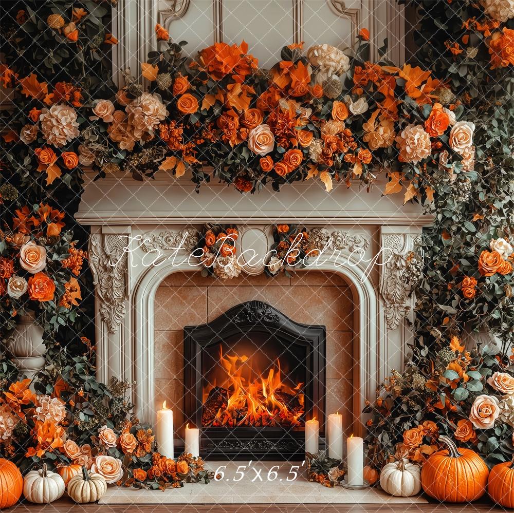 Lightning Deals Kate Autumn Fireplace Pumpkin Floral Backdrop Designed by Patty Robert -UK
