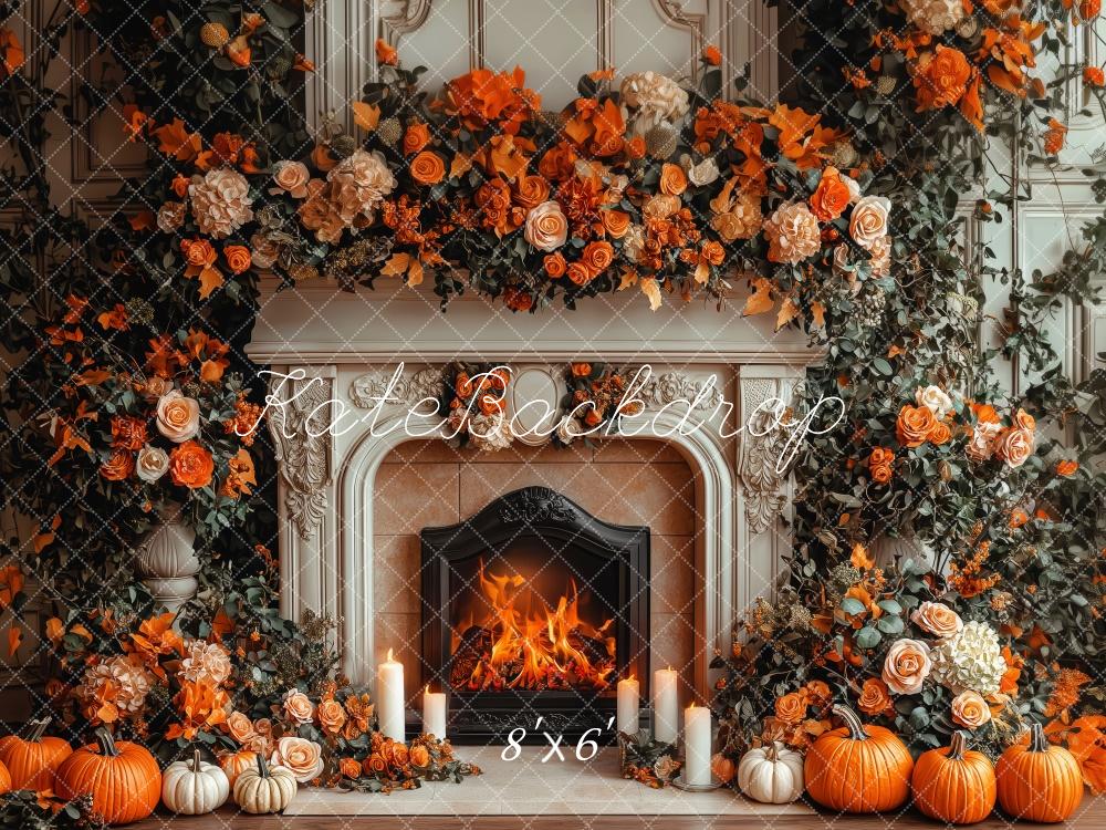 Lightning Deals Kate Autumn Fireplace Pumpkin Floral Backdrop Designed by Patty Robert -UK
