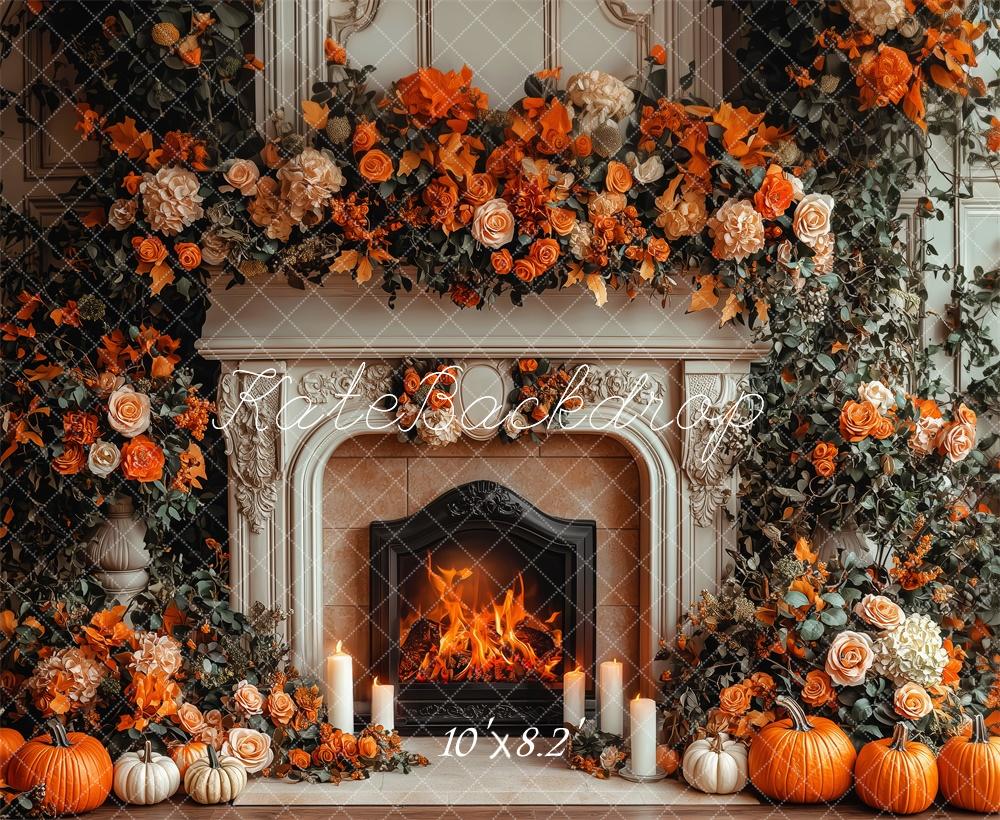 Lightning Deals Kate Autumn Fireplace Pumpkin Floral Backdrop Designed by Patty Robert -UK
